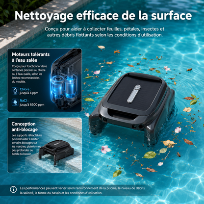 PureBotic SurfaceBot S1 — Robot écumeur de piscine sans fil avec alimentation solaire et application mobile