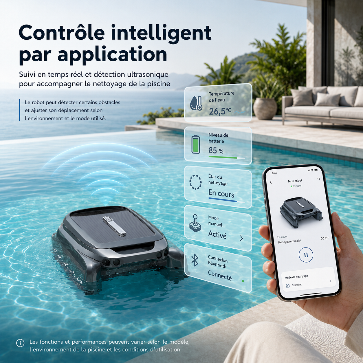 PureBotic SurfaceBot S1 — Robot écumeur de piscine sans fil avec alimentation solaire et application mobile